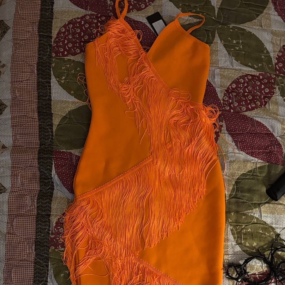 Orange Fringe Bandage Dress